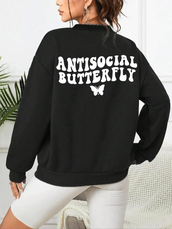 Women's Butterfly Print Drop Shoulder Pullover, Fashion Casual Round Neck Sweatshirt for Daily Outdoor Wear, Women...