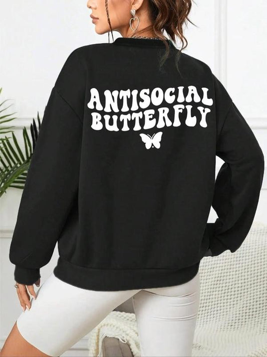 Women's Butterfly Print Drop Shoulder Pullover, Fashion Casual Round Neck Sweatshirt for Daily Outdoor Wear, Women...