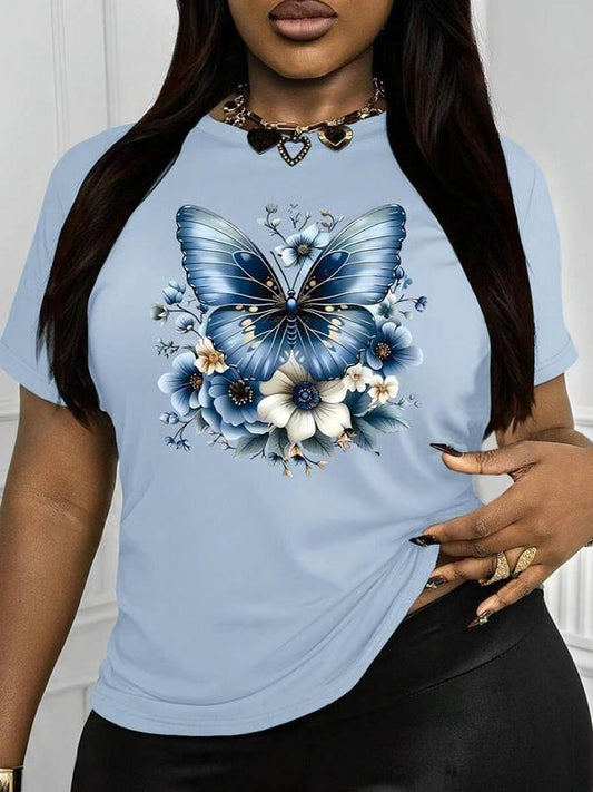 Women's Butterfly Print Round Neck Tee, Casual Short Sleeve Crew Neck T-Shirt for Daily Wear, Ladies Clothes for All...