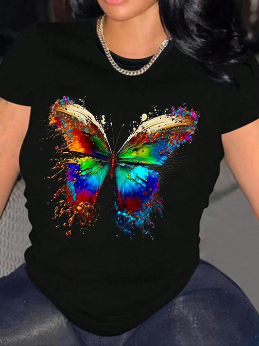 Women's Butterfly Print Round Neck Tee, Fashion Casual Short Sleeve T-shirt for Daily Holiday Vacation Outdoor Wear,...