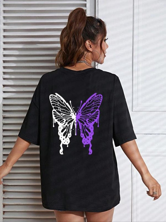Women's Butterfly Print Round Neck Tee, Summer Clothes Women, Fashion Casual Drop Shoulder Short Sleeve T-shirt for Daily...