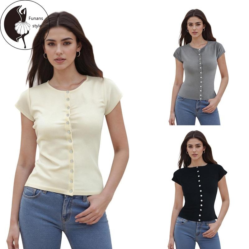 Women's Button Down TopsFit Stylish Solid Crew Neck Short Sleeve T-Shirt for Summer Hoodie, Sweatshirt | WearSparks.com