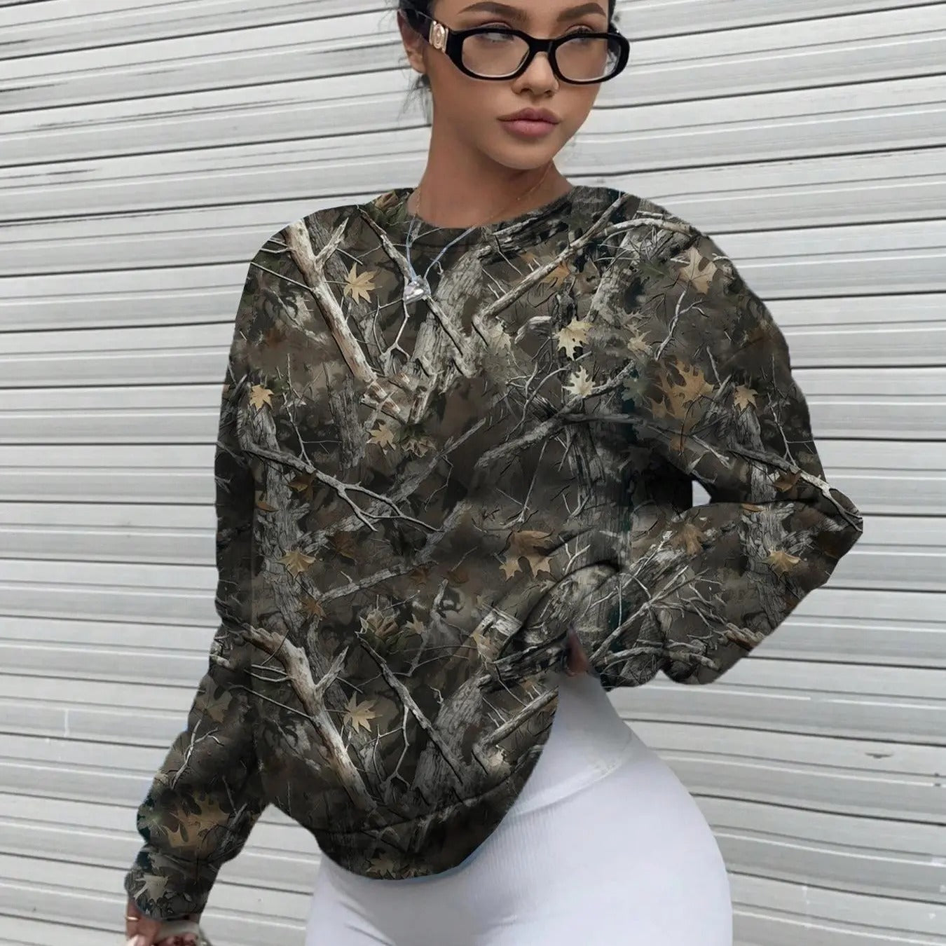 Women's Camo Print Drop Shoulder Pullover, Casual Long Sleeve Round Neck Sweatshirt for Fall & Winter, Women's Clothes...