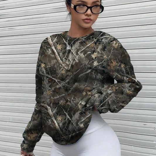 Women's Camo Print Drop Shoulder Pullover, Casual Long Sleeve Round Neck Sweatshirt for Fall & Winter, Women's Clothes...