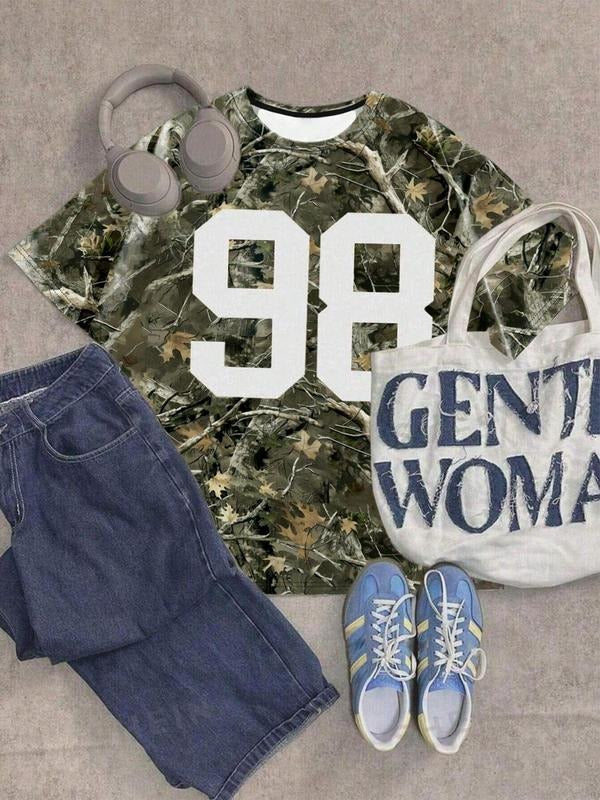 Women's Camo Print Round Neck Tee, Fashion Casual Crew Neck Short Sleeve T-shirt for Daily Holiday Vacation Outdoor Wear,...