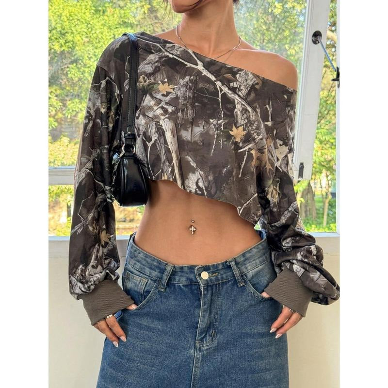 Women's Camo Sweatshirt Off the Shoulder Long Sleeve Asymmetrical Neck Y2k Pullover Crop Tops Streetwear T-Shirts, Hoodie