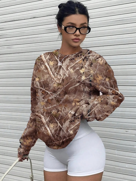 Women's Camo Trees Print Pullover Sweatshirt, Casual Long Sleeve Sweatshirt for Daily Wear, Ladies Clothes for All...