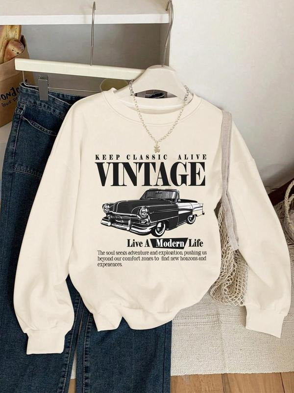 Women's Car & Letter Print Crew Neck Sweatshirt, Casual Drop Shoulder Long Sleeve Pullover, Women's Fall & Winter Clothes...