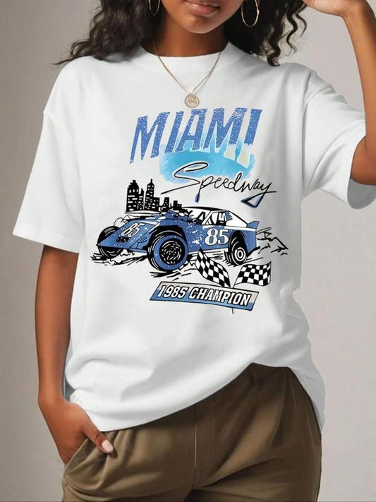 Women's Car & Letter Print Round Neck Graphic Tee, Vintage Trendy Casual Drop Shoulder Half Sleeve T-shirt For Daily...