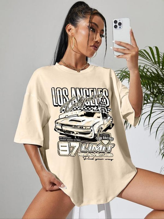 Women's Car & Letter Print Round Neck Graphic Tee, Vintage Trendy Casual Drop Shoulder Half Sleeve T-shirt for Daily...