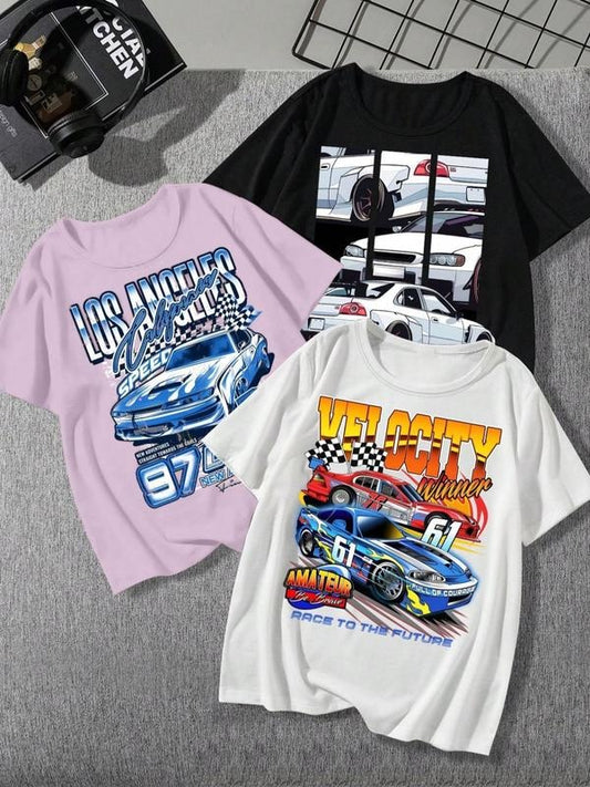 Women's Car & Letter Print Round Neck Graphic Tee, Vintage Trendy Casual Drop Shoulder Half Sleeve T-shirt for Daily...