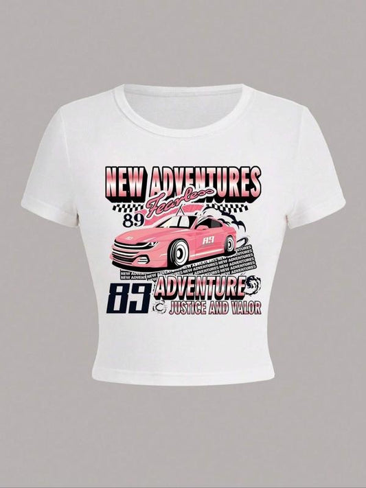 Women's Car & Letter Print Round Neck Graphic Tee, Vintage Trendy Casual Short Sleeve T-shirt For Daily Wear, Ladies All...