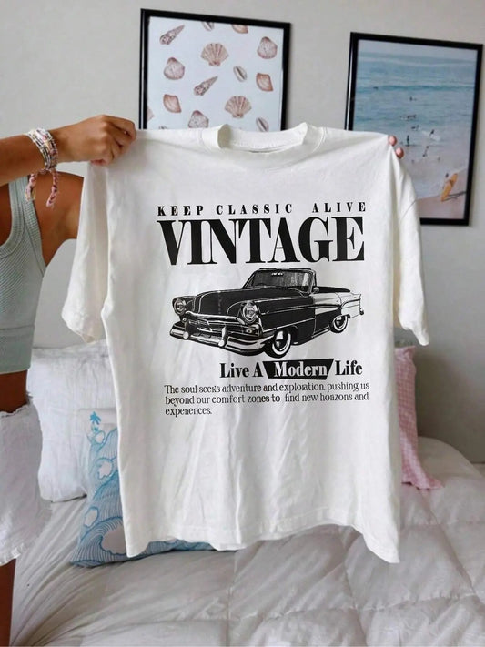 Women's Car & Letter Print Round Neck Tee, Casual Drop Shoulder Short Sleeve T-shirt for Daily Wear, Ladies Summer Outfit...