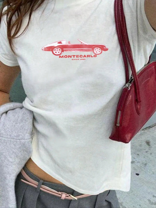 Women's Car & Letter Print Round Neck Tee, Casual Short Sleeve Crew Neck T-Shirt for Summer, Fashion Women's Top for...