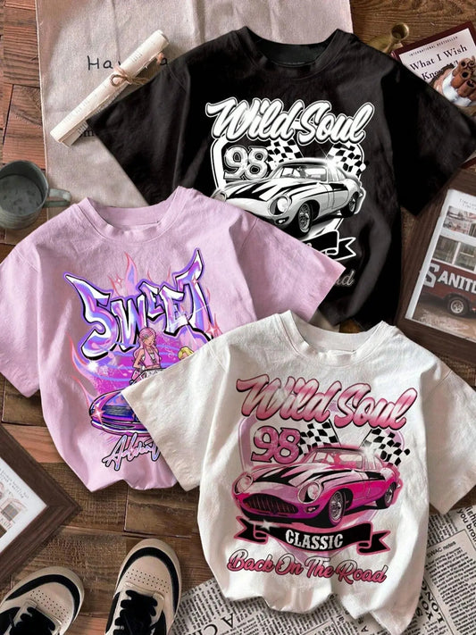 Women's Car & Letter Print Round Neck Tee, Casual Short Sleeve T-shirt for Summer, Ladies Clothes for Daily...