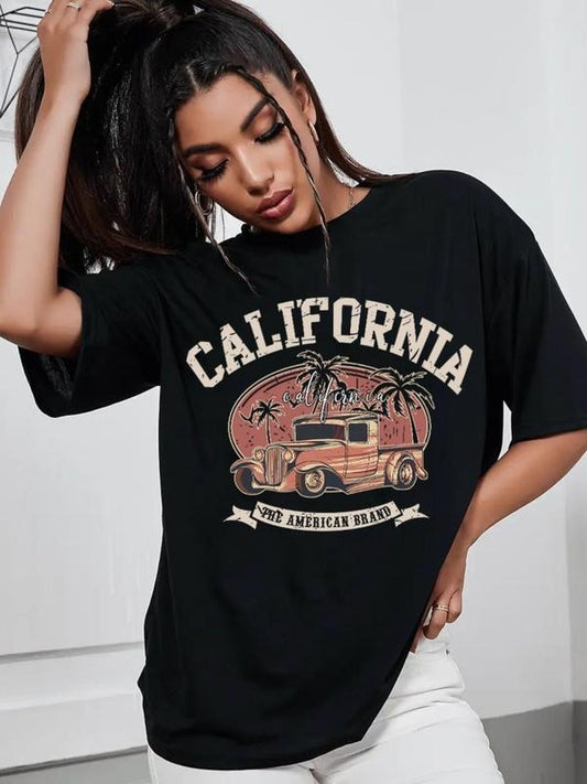 Women's Car & Letter Print Round Neck Tee, Trendy Casual Drop Shoulder Half Sleeve T-shirt for Daily Wear, Ladies All...