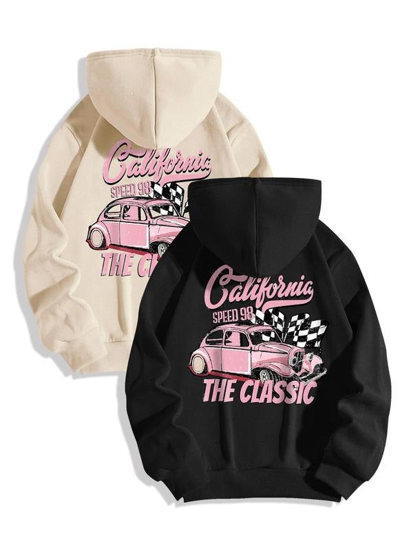 Women's Car Print Drawstring Pocket Drop Shoulder Hoodie, Fashion Casual Letter Graphic Hooded Sweatshirt for Daily...