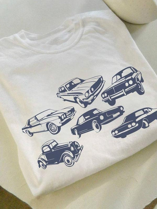 Women's Car Print Round Neck Tee, Casual Short Sleeve Crew Neck T-shirt for Daily Wear, Ladies Clothes for All Seasons...