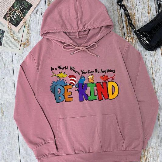 Women's Cartoon & Letter Print Drop Shoulder Drawstring Hoodie, Fashion Casual Kangaroo Pocket Hooded Sweatshirt for...