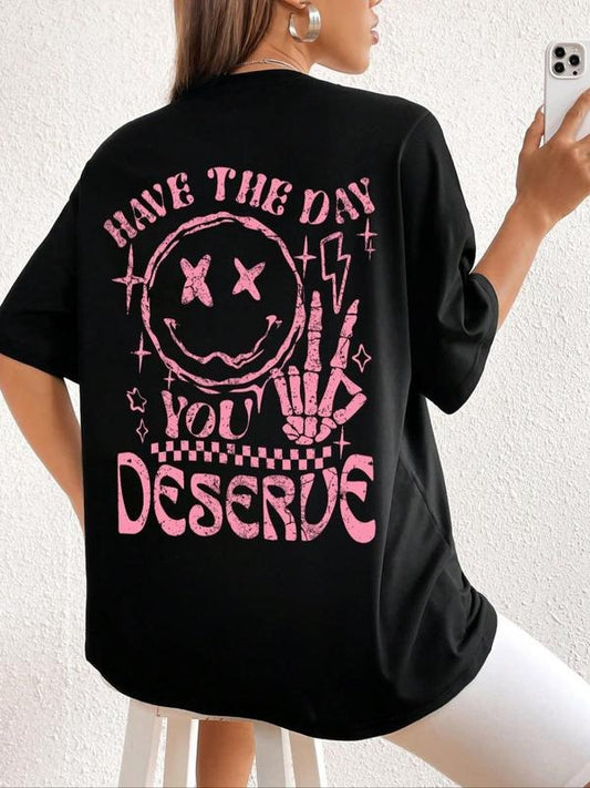 Women's Cartoon & Letter Print Drop Shoulder Tee, Fashion Casual Crew Neck T-shirt for Daily Holiday Vacation Outdoor...