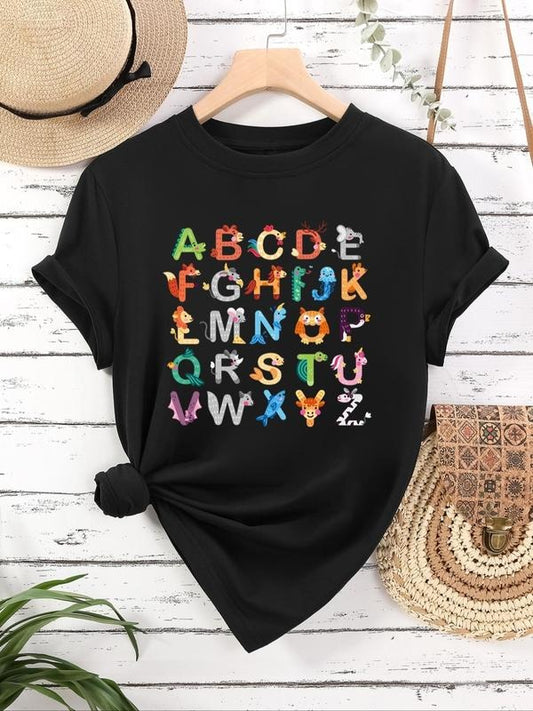 Women's Cartoon Animal & Letter Print Round Neck Tee, Cute Casual Crew Neck Short Sleeve T-Shirt for Daily Wear, Ladies...