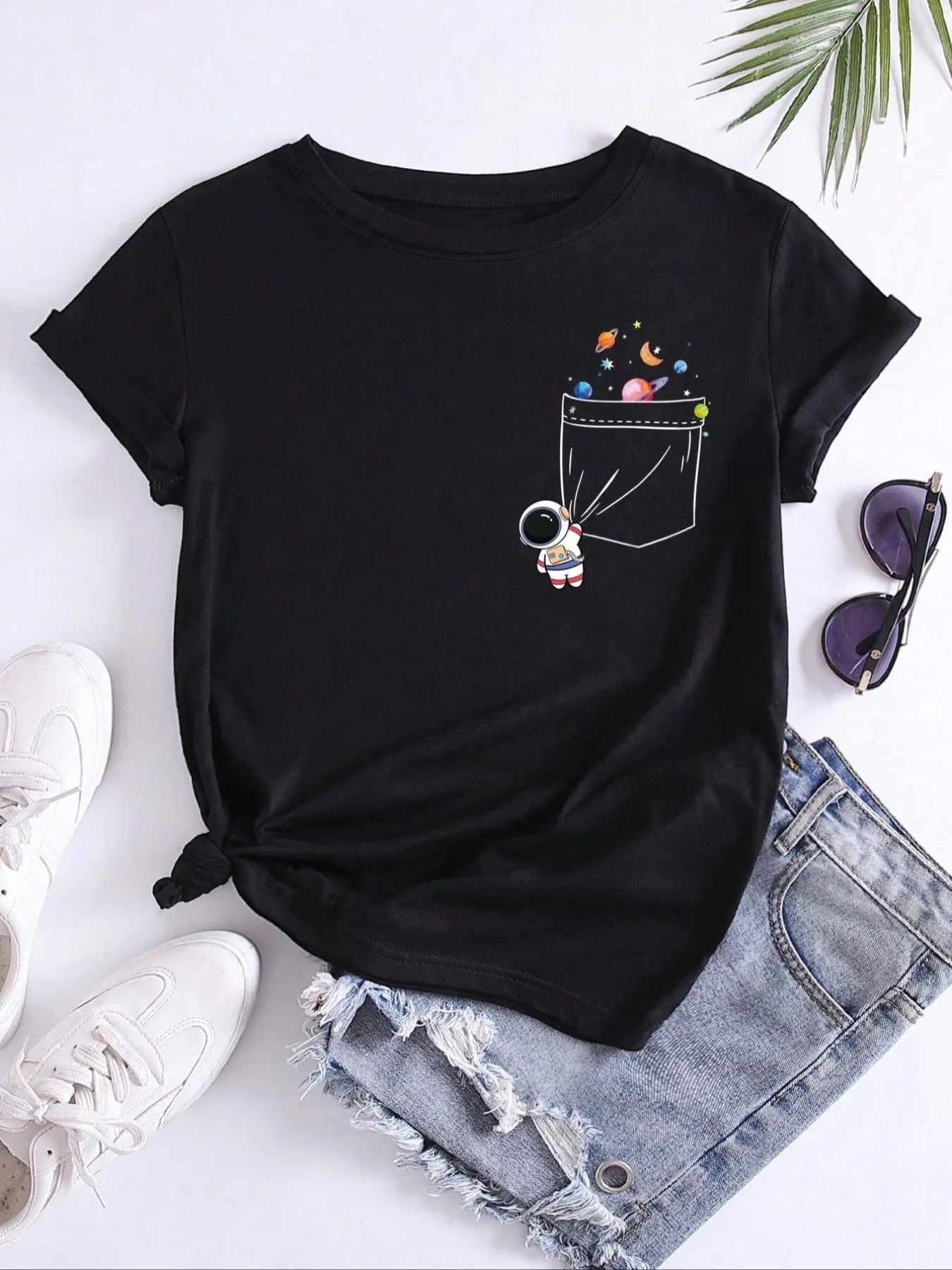 Women's Cartoon Astronaut & Planets Print Pocket Round Neck Tee, Casual Short Sleeve Crew Neck T-Shirt for Summer,...