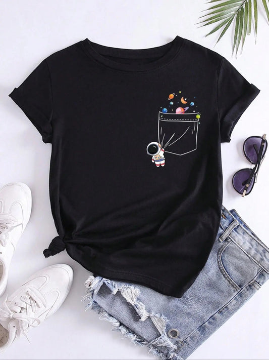 Women's Cartoon Astronaut & Planets Print Pocket Round Neck Tee, Casual Short Sleeve Crew Neck T-Shirt for Summer,...
