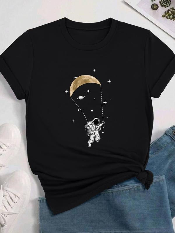 Women's Cartoon Astronaut Print Round Neck Tee, Casual Short Sleeve Crew Neck T-shirt for Daily Wear, Ladies Clothes for...