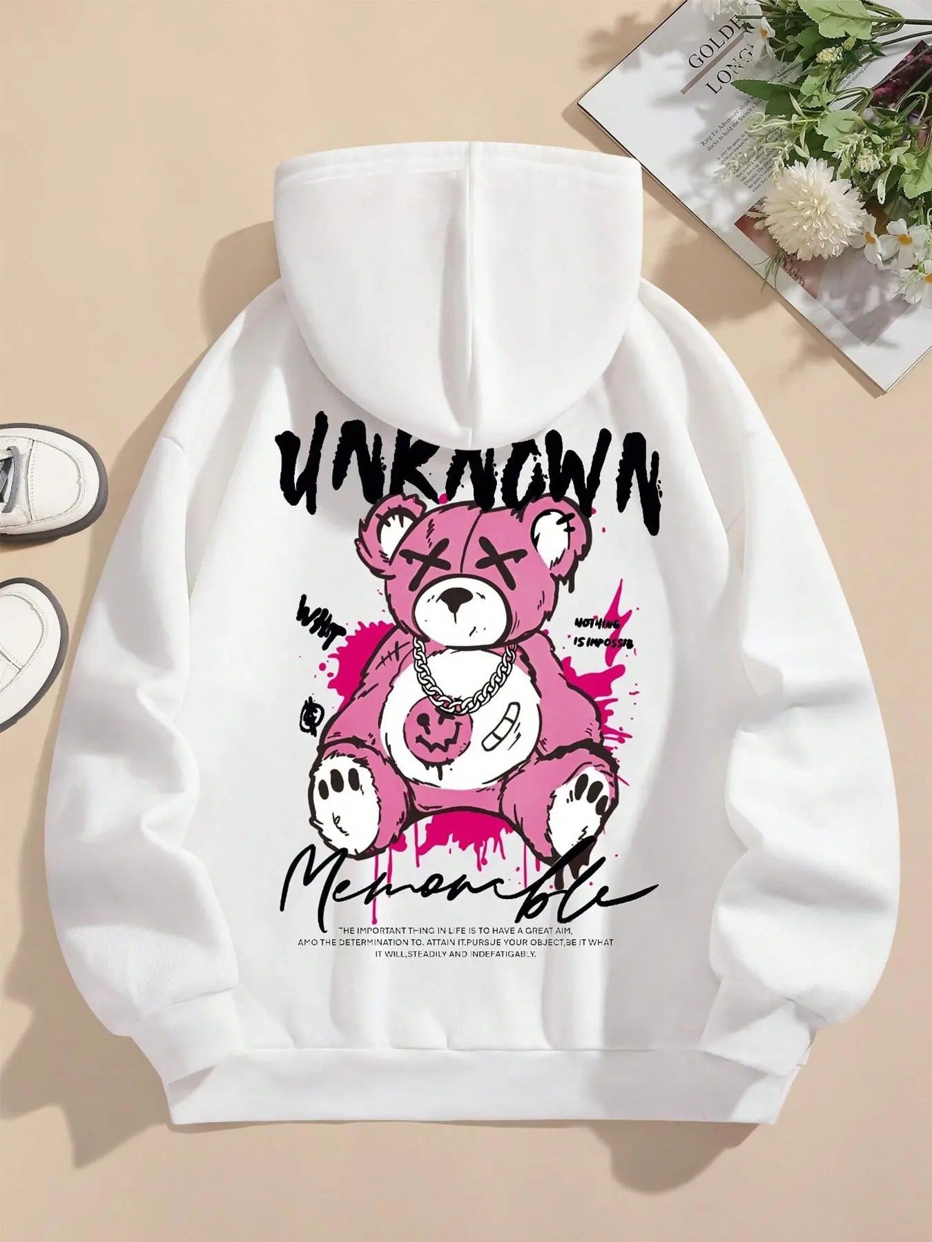 Women's Cartoon Bear & Letter Print Drop Shoulder Hoodie, Fashion Casual Drawstring Pocket Hooded Sweatshirt for Daily...