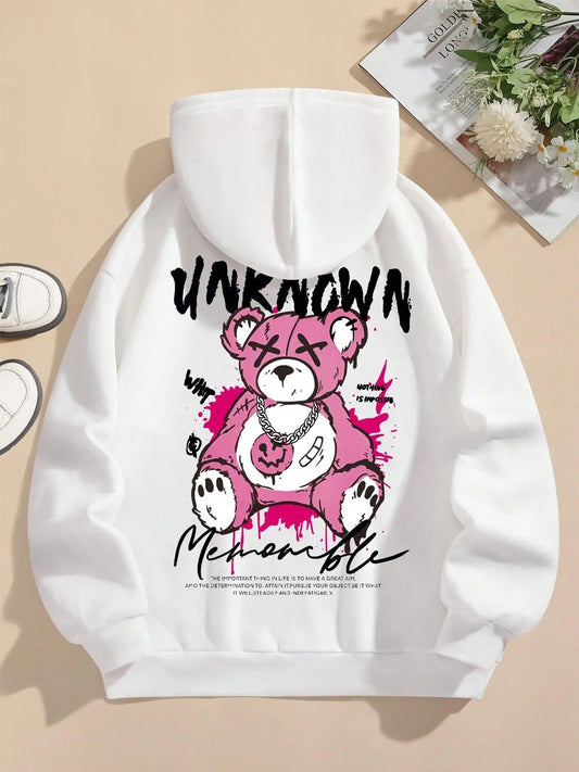 Women's Cartoon Bear & Letter Print Drop Shoulder Hoodie, Fashion Casual Drawstring Pocket Hooded Sweatshirt for Daily...