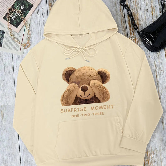 Women's Cartoon Bear & Letter Print Drop Shoulder Hoodie, Fashion Casual Drawstring Pocket Hooded Sweatshirt for Daily...