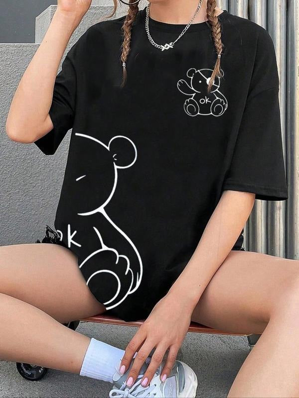 Women's Cartoon Bear & Letter Print Drop Shoulder Tee, Casual Half Sleeve Round Neck T-shirt for Summer, Graphic Tees,...