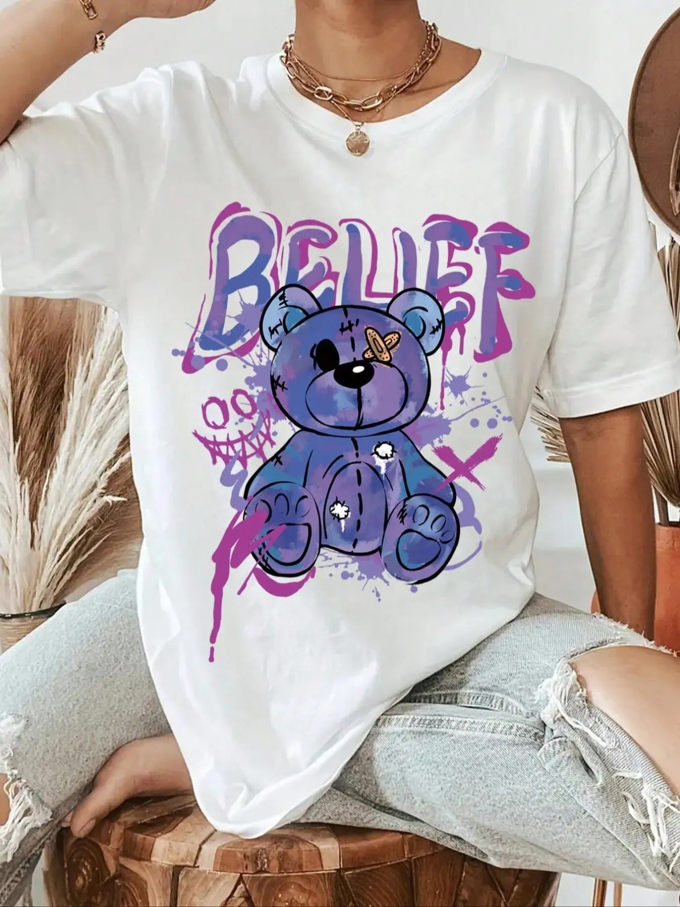 Women's Cartoon Bear & Letter Print Drop Shoulder Tee, Fashion Casual Crew Neck T-Shirt for Daily Holiday Vacation...