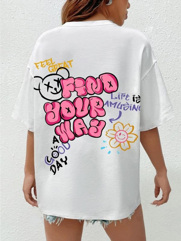 Women's Cartoon Bear & Letter Print Drop Shoulder Tee, Fashion Casual Round Neck Half Sleeve T-Shirt for Daily Wear,...
