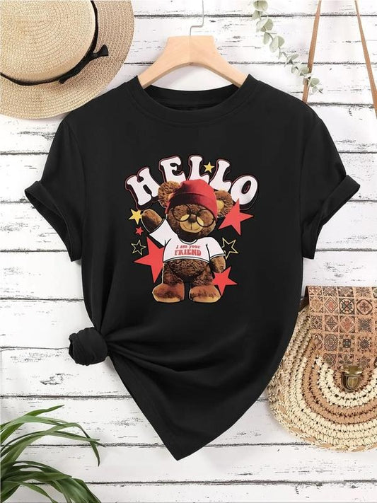 Women's Cartoon Bear & Letter Print Round Neck Tee, Casual Short Sleeve Crew Neck T-Shirt for Daily Wear, Ladies Clothes...