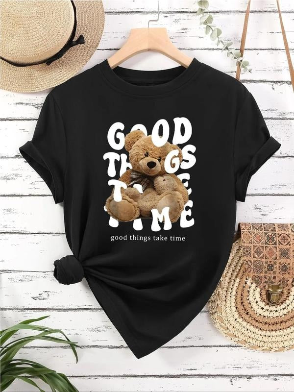 Women's Cartoon Bear & Letter Print Round Neck Tee, Casual Short Sleeve T-Shirt for Daily Wear, Ladies Clothes for All...