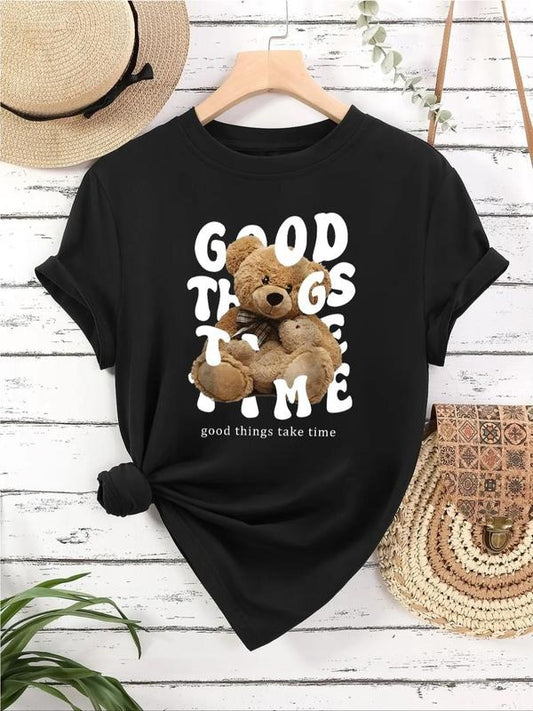 Women's Cartoon Bear & Letter Print Round Neck Tee, Casual Short Sleeve T-Shirt for Daily Wear, Ladies Clothes for All...