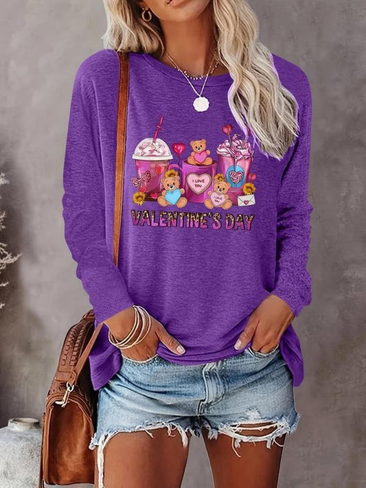 Women's Cartoon Bear & Letter Print Round Neck Tee, Fashion Casual Crew Neck Long Sleeve T-shirt for Daily Holiday...