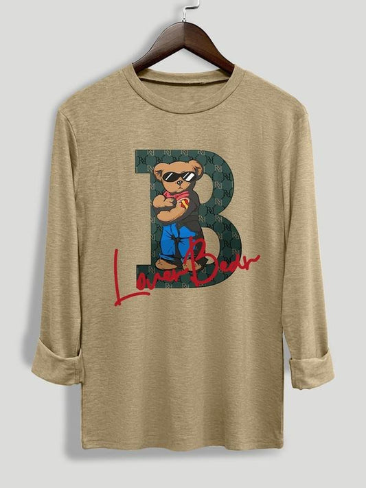 Women's Cartoon Bear & Letter Print Round Neck Tee, Fashion Casual Crew Neck Long Sleeve T-shirt for Daily Outdoor Wear,...
