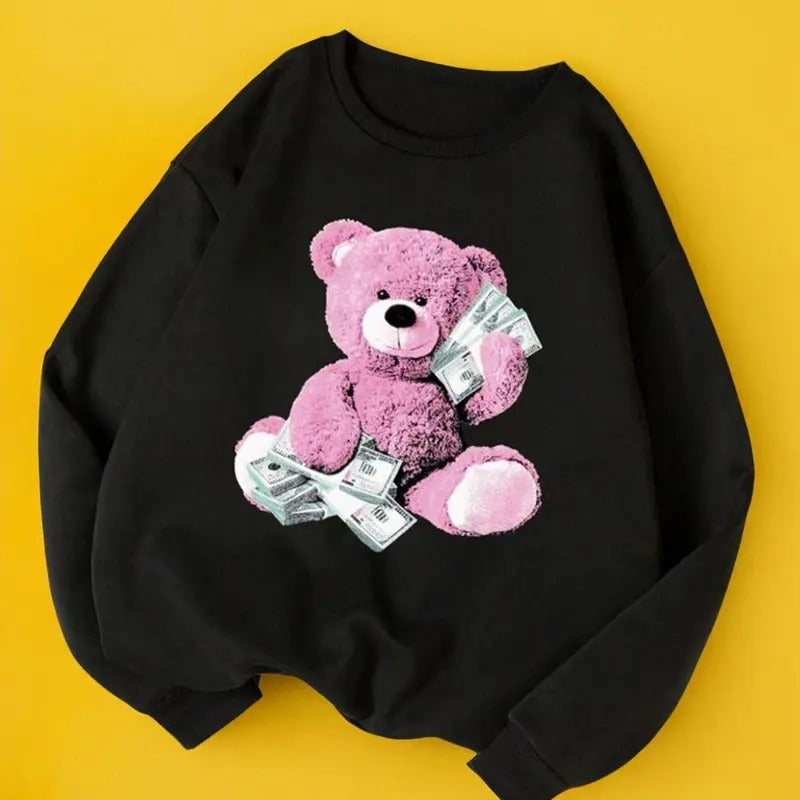 Women's Cartoon Bear Print Drop Shoulder Long Sleeve Crewneck Pullover Tops, Casual Comfort Crew Neck Sweatshirt for...
