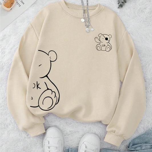 Women's Cartoon Bear Print Drop Shoulder Sweatshirt, Casual Long Sleeve Round Neck Pullover for Fall & Winter, Women's...