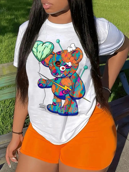 Women's Cartoon Bear Print Drop Shoulder Tee, Fashion Casual Crew Neck T-shirt for Daily Holiday Vacation Outdoor Wear,...