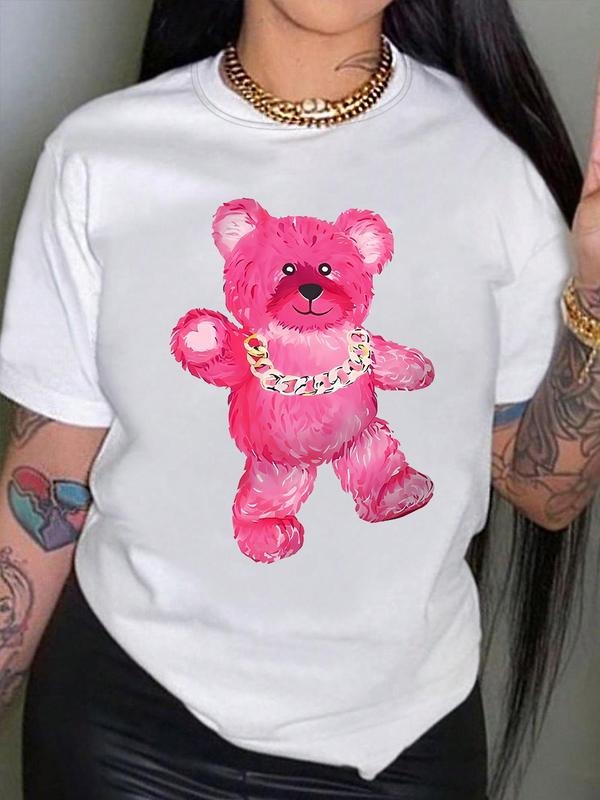 Women's Cartoon Bear Print Round Neck Tee, Fashion Casual Crew Neck Short Sleeve T-Shirt for Daily Outdoor Wear, Ladies...