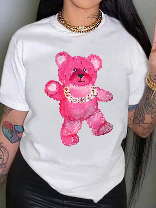 Women's Cartoon Bear Print Round Neck Tee, Fashion Casual Crew Neck Short Sleeve T-Shirt for Daily Outdoor Wear, Ladies...