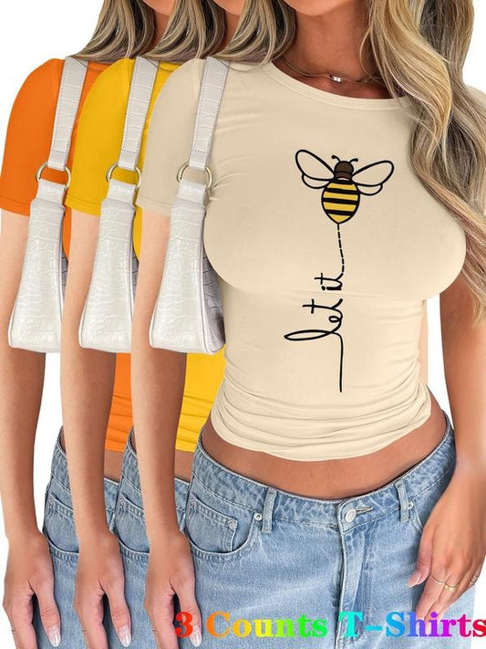 Women's Cartoon Bee & Letter Print Short Sleeve Tee, Casual Round Neck T-shirt for Summer, Women's Top for Daily Wear...