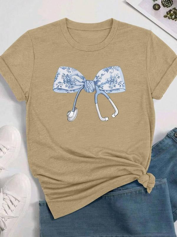 Women's Cartoon Bowknot & Stethoscope Print Round Neck Tee, Fashion Casual Crew Neck T-Shirt for Daily Holiday Vacation...