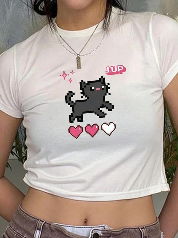 Women's Cartoon Cat & Letter Print Round Neck Tee, Casual Short Sleeve Crew Neck T-shirt for Daily Wear, Ladies Clothes...