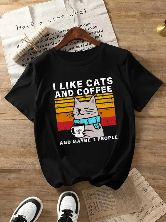 Women's Cartoon Cat & Letter Print Round Neck Tee, Fashion Casual Short Sleeve Crew Neck T-shirt for Daily Holiday...
