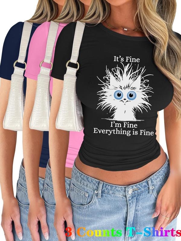 Women's Cartoon Cat & Letter Print Short Sleeve Tee, Casual Round Neck T-shirt for Summer, Ladies Clothes for Daily Wear,...