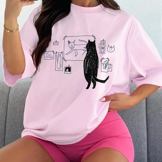 Women's Cartoon Cat Print Drop Shoulder Tee, Casual Half Sleeve Round Neck T-shirt, Vintage Graphic Tees, Summer Clothes...